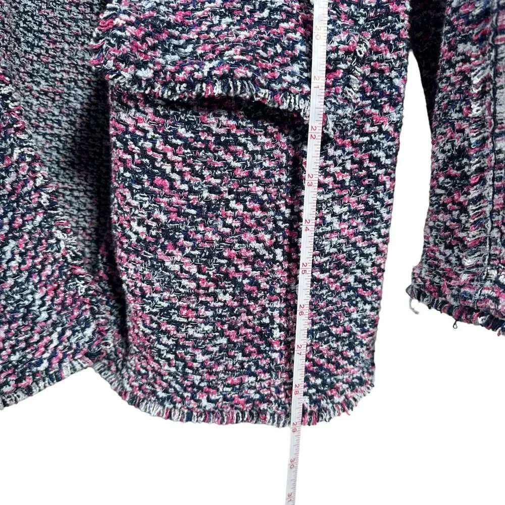 Chico’s Women’s Tweed Multicolor Structured Notch Collar Fringe Cardigan Size 2